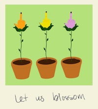 three potted plants with the words let us bloom