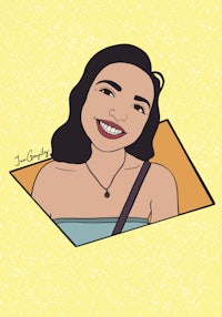 a cartoon of a woman smiling in front of a yellow background
