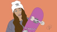 an illustration of a girl holding a skateboard