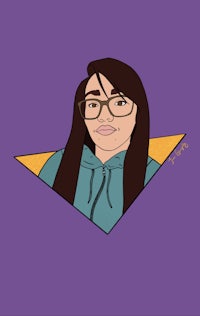 a cartoon of a woman with glasses and a triangle
