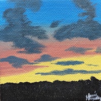 a painting of a sunset with clouds in the background