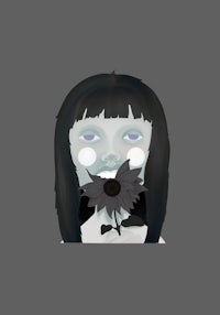 a girl with black hair and a flower in her mouth