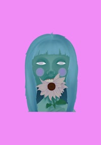 a girl with blue hair and a flower in her mouth