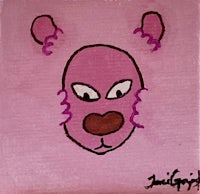 a painting of a pink bear with brown eyes