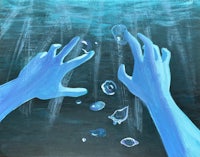 a painting of two hands reaching for bubbles in the water