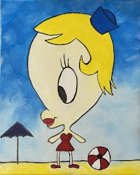 a painting of a girl on a beach with a ball