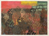 a painting of a group of people raising their fists