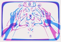 a drawing of two hands in blue and pink