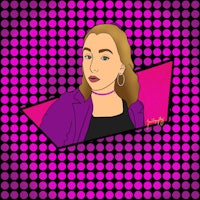 a cartoon of a woman in a purple jacket on a pink background