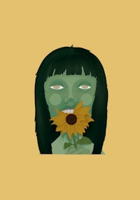 a zombie with a sunflower in her mouth