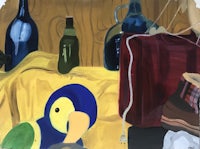 a painting of a parrot and bottles on a table