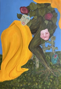 a painting of two women sitting on a yellow blanket