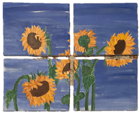 four squares of sunflowers on a blue background