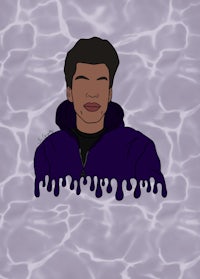 a cartoon of a man in a purple jacket in the water