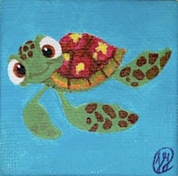 a painting of a turtle on a blue background